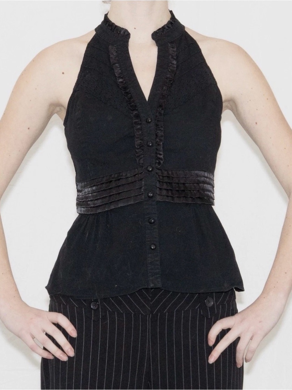 🖤XOXO🖤 TUXEDO SATIN RUFFLE NECK ELASTIC WAIST RACERBACK PEPLUM VEST TOP